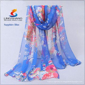 Lingshang les plus récents designs fleur impression grils écharpe gaze châle mousseline magique pashmina hijab écharpe